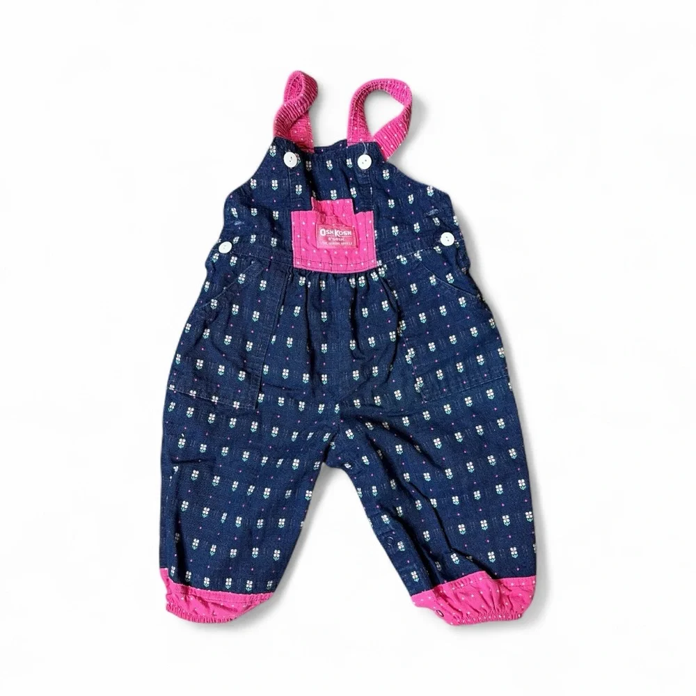 OshKosh B'gosh vintage Navy and Pink Pocket dainty flower overalls 18m a-44